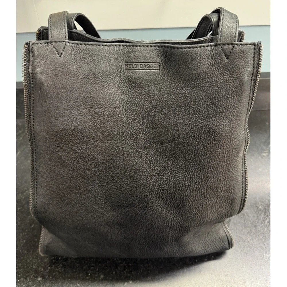Kelsi Dagger Black Leather Tote Bag Large‎ Zip Detail Shoulder Handbag